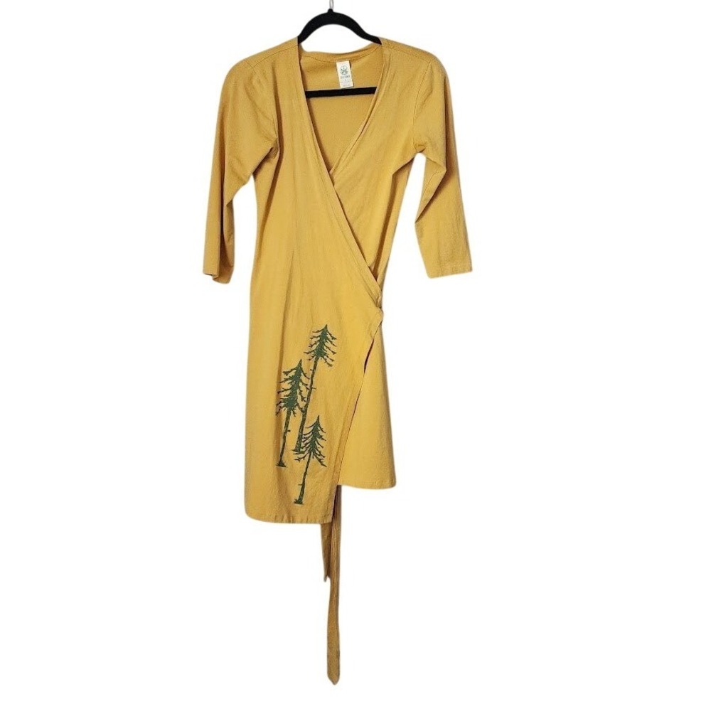 SOUL FLOWER Wrap Dress Mustard Yellow Tree Print Organic Cotton Boho Size S